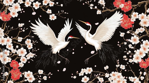 Two white cranes in flight against a black background with cherry blossom branches in bloom.