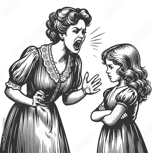 angry mother scolding her sad daughter, capturing emotion and tension in a vintage style sketch engraving generative ai vector illustration. Scratch board imitation. Black and white image.