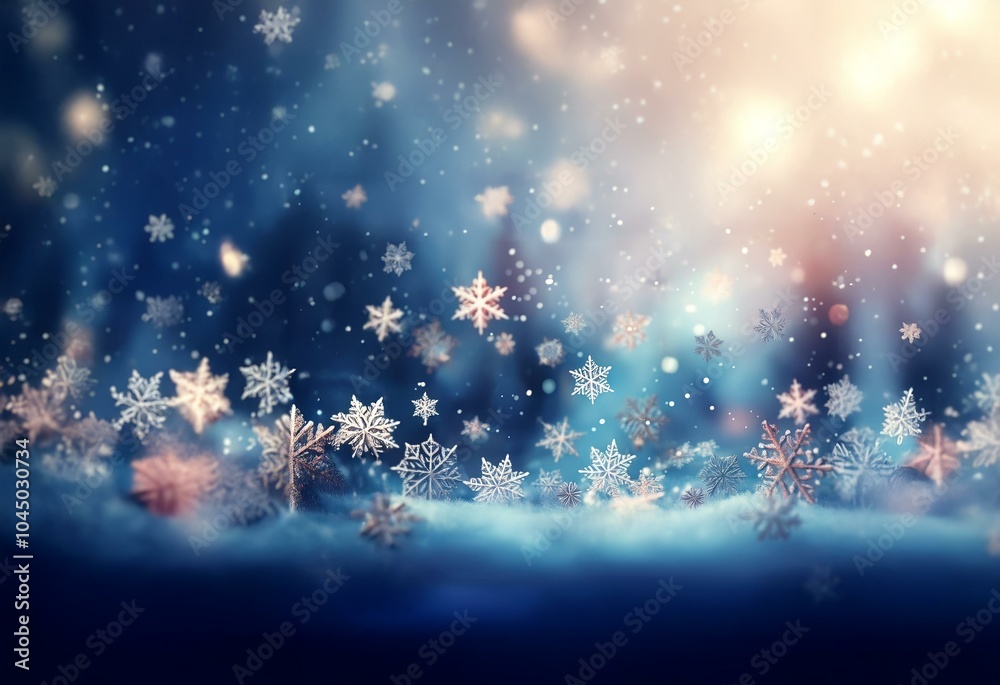 A winter wonderland scene with falling snowflakes against a blurred background with a soft glow. A winter wonderland scene with falling snowflakes against a blurred background with a soft glow.