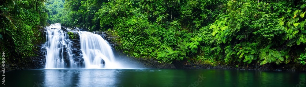 Lush jungle waterfall, surrounded by dense, vibrant foliage, with the water cascading into a sparkling pool below, illuminated by soft natural light breaking through the treetops Lush jungle waterfall, surrounded by dense, vibrant foliage, with the water cascading into a sparkling pool below, illuminated by soft natural light breaking through the treetops