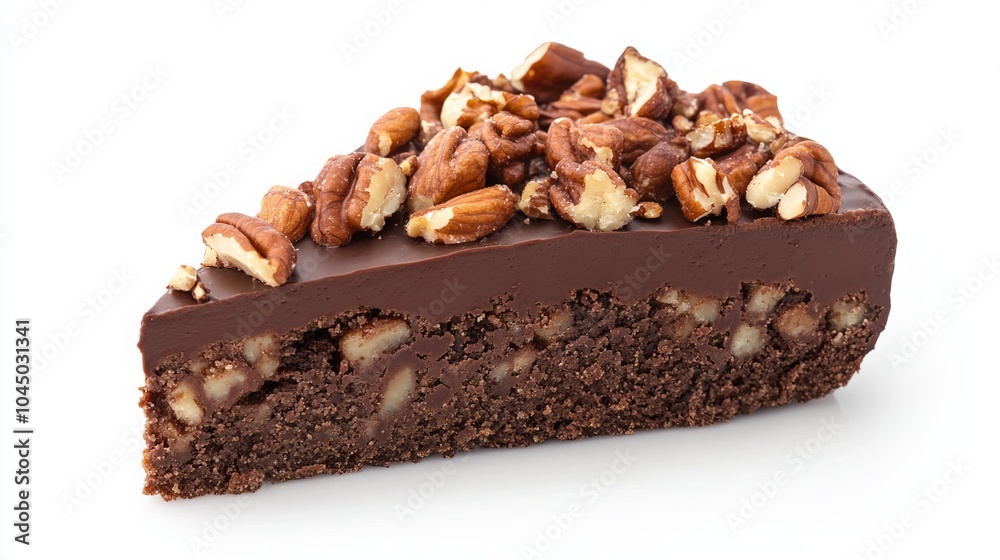 A delectable slice of chocolate cake adorned with crunchy nuts, its rich, moist texture tantalizes the taste buds. Captured against a pristine white canvas A delectable slice of chocolate cake adorned with crunchy nuts, its rich, moist texture tantalizes the taste buds. Captured against a pristine white canvas