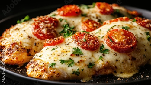 Savory chicken breasts with melted cheese and tomato slices, garnished with parsley, creating a delightful mixture of flavors and textures.