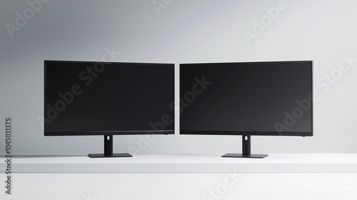 Mockup pc displays on white background. Powerful computer two monitors with screensavers template advertising image. Web designer workplace with screens mock ups product photorealistic