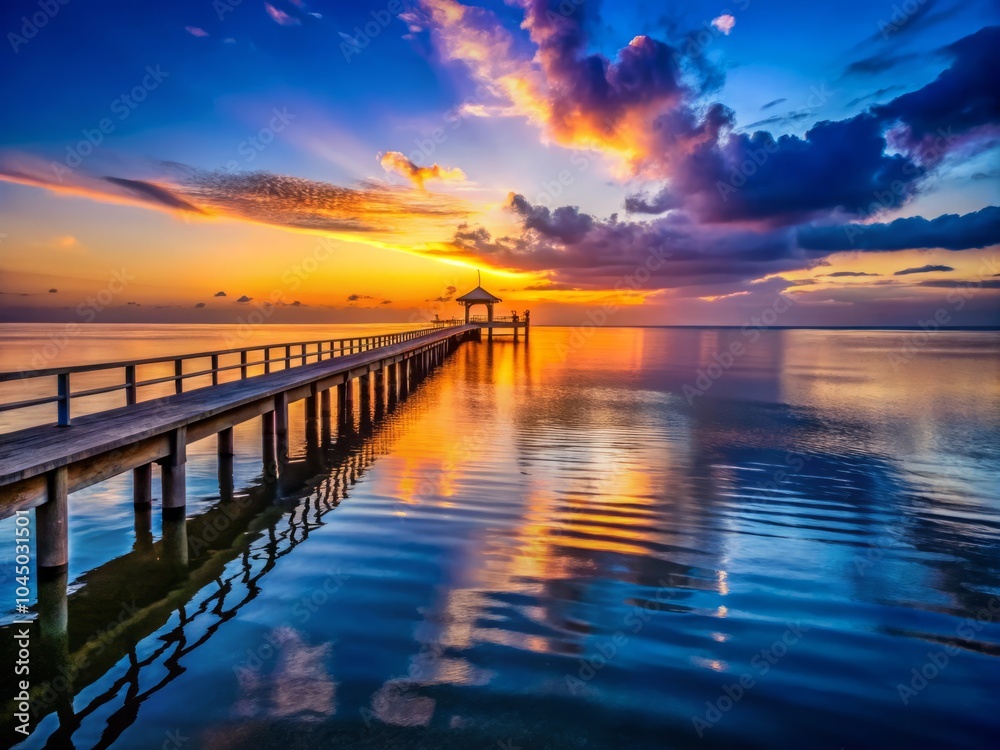 Fototapeta premium Serene Silhouette of Marine Horizon at Dusk from Espigón - Captivating Coastal Sunset Views, Tranquil Waters, Nature's Beauty, Silhouette Photography, Seascape