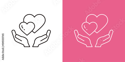 2つのハートを持つ両手のアイコンセット＿細いアウトライン＿水平