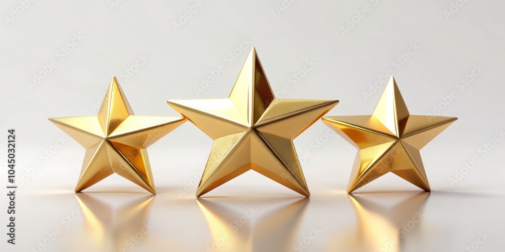 Obraz premium Set of Three Golden Stars on White Background - Cute Minimal Style Rating Pentagons - 3D Yellow Stars for Awards, Recognition, and Ratings in Simple Design