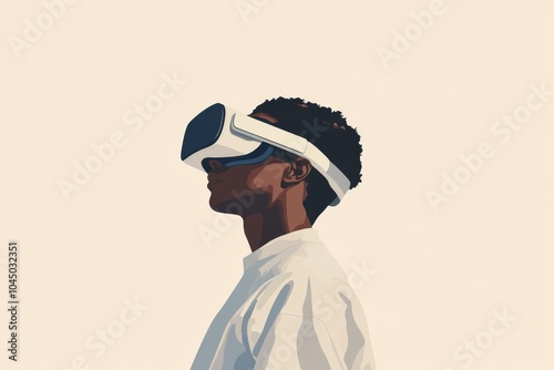 modern flat illustration of futuristic man in VR glasses against beige background 