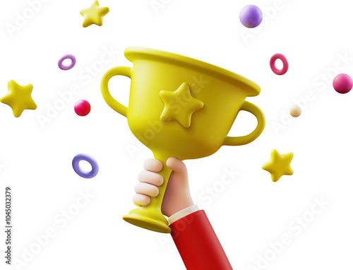 3d vector gold cup in hand. Winner, trophy, award. Concept of celebrating victory in business and sports.