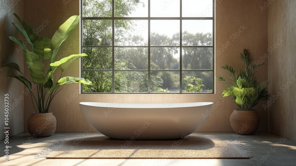 A large bathtub sits in a bathroom with a view of trees outside A large bathtub sits in a bathroom with a view of trees outside