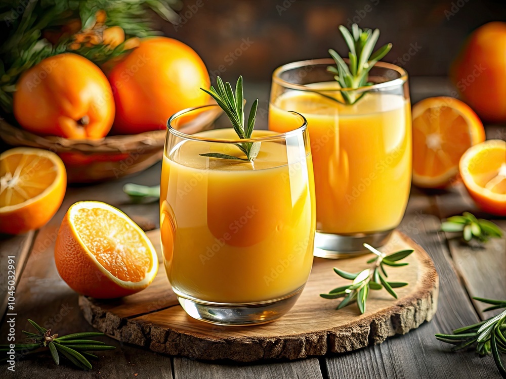 Refreshing Orange Juice Delight with Rosemary and Oranges - Macro Photography Refreshing Orange Juice Delight with Rosemary and Oranges - Macro Photography