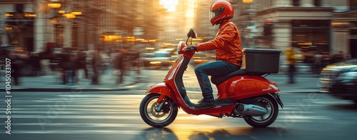 Delivery person riding a red scooter through a busy city street at sunset with motion blur Generative AI