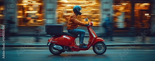 Delivery person riding a red scooter through a busy city street at sunset with motion blur Generative AI