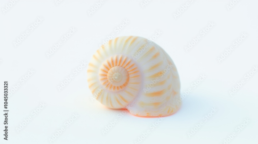 A small natural snail shell with a delicate spiral pattern, centered on a white background; the subtle details are beautifully highlighted.