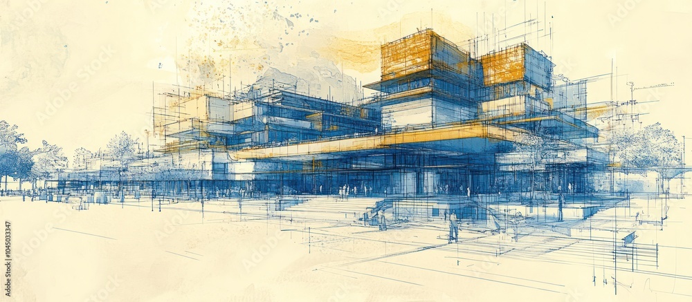 Obraz premium Blue and Yellow Hand-drawn Sketch of Modern Building.