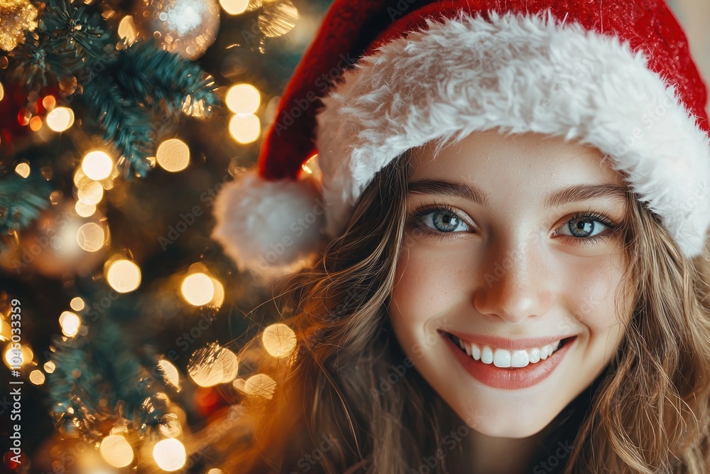 Smiling girl in Santa hat with Christmas tree lights Generative AI Smiling girl in Santa hat with Christmas tree lights Generative AI