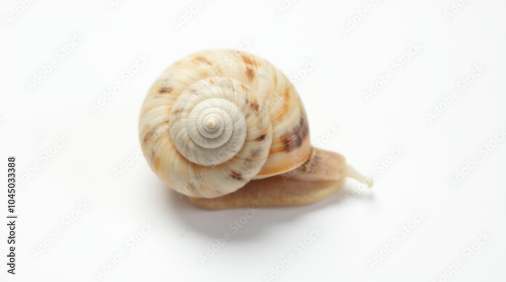 A small natural snail shell with a delicate spiral pattern, centered on a white background; the subtle details are beautifully highlighted. A small natural snail shell with a delicate spiral pattern, centered on a white background; the subtle details are beautifully highlighted.