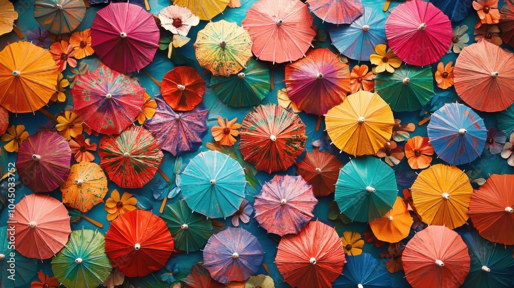 A surface densely covered with colorful cocktail umbrellas, filling every inch of the frame with a festive, tropical vibe.