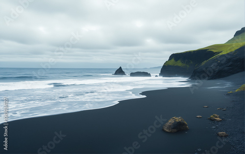 Dramatic landscape: beach with black volcanic sand in fog. Black rocks with green grass and cloudy sky on the horizon. Travel and adventure. photo