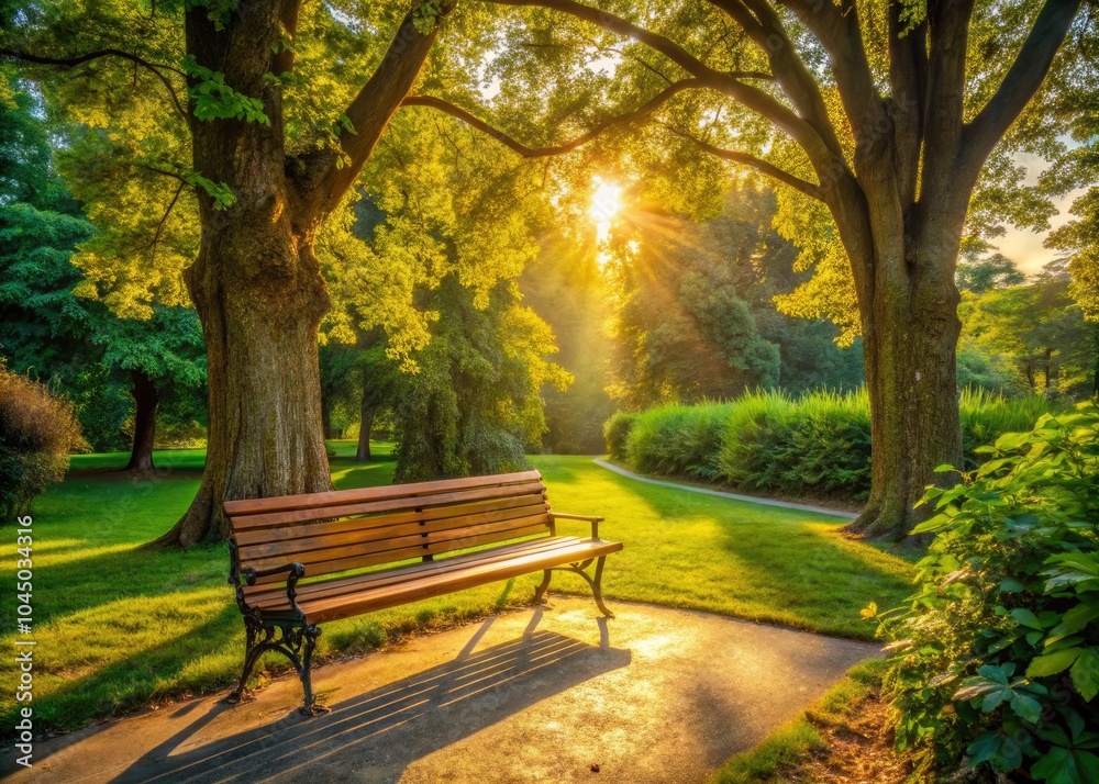 Serene Aerial View of a Wooden Park Bench in Golden Sunlight Under a Lush Green Tree, Inviting Public Park Scene