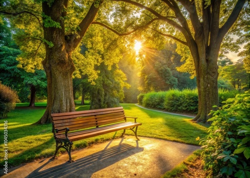 Serene Aerial View of a Wooden Park Bench in Golden Sunlight Under a Lush Green Tree, Inviting Public Park Scene