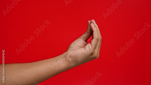 Male hand making an italian gesture against a vibrant red background, displaying cultural expression and communication.