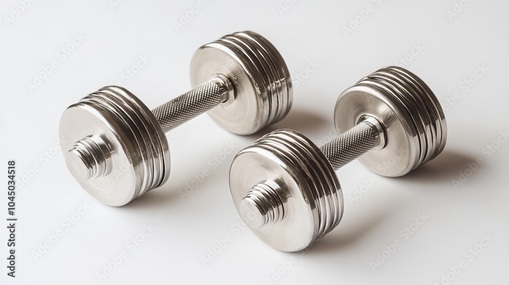 A pair of silver hand weights lie side-by-side on a stark white background. Each weight consists of a circular disk attached to a straight bar. The disks are smooth and feature a textured grip A pair of silver hand weights lie side-by-side on a stark white background. Each weight consists of a circular disk attached to a straight bar. The disks are smooth and feature a textured grip