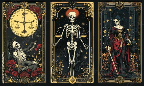 Three tarot cards with skeletal figures.