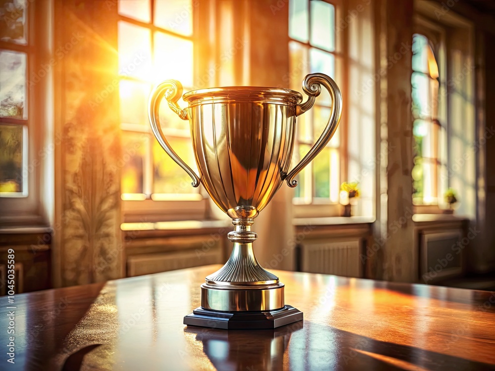 Shiny Trophy on Table with Sunlight, Decorative Handles, and Elegant Base - Low Light Photography Shiny Trophy on Table with Sunlight, Decorative Handles, and Elegant Base - Low Light Photography