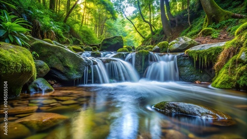 Small clean water stream in dense forest with small waterfall