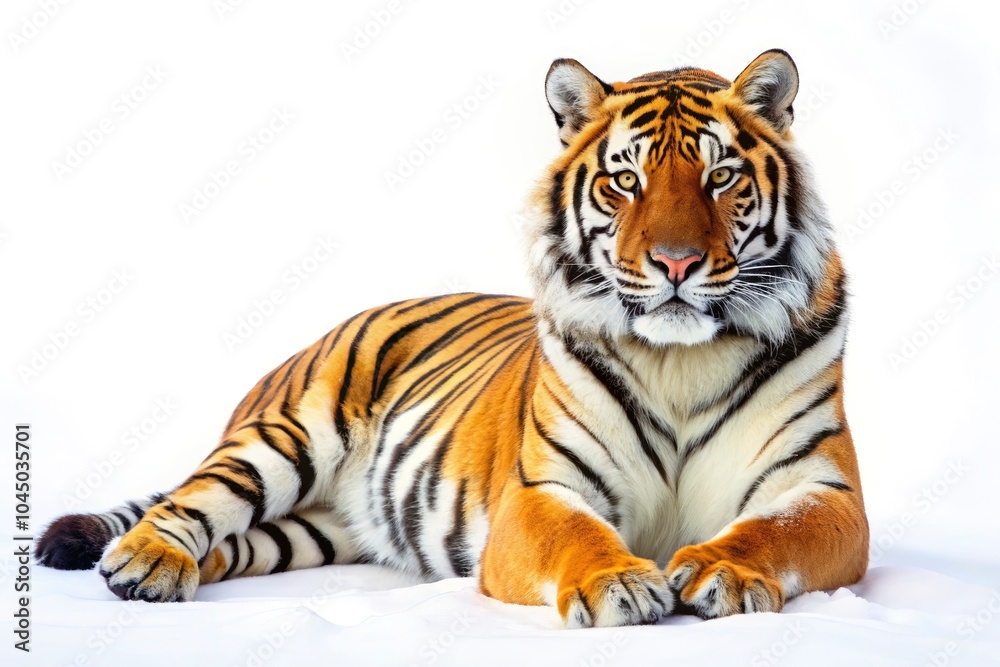 Obraz premium Siberian Tiger Lying on White Background - Panoramic Photography of Majestic Big Cat in Full Body Posture, Isolated for Wildlife and Nature Enthusiasts, Perfect for Educational and Artistic Use
