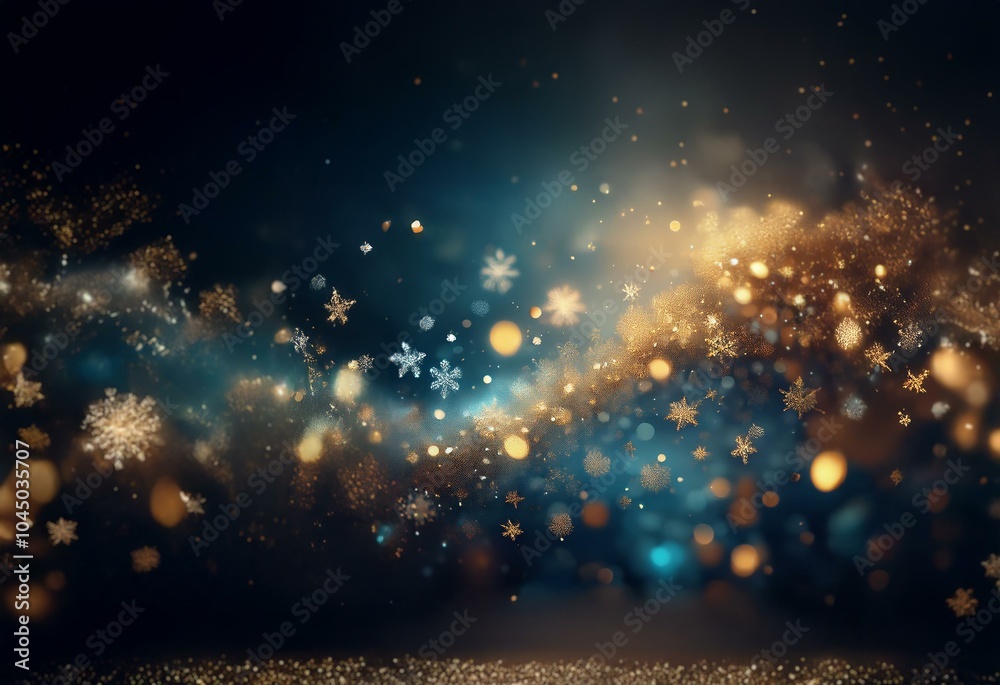 Fototapeta premium A dark background with scattered gold and silver bokeh, a subtle blue glow, and a foreground of sparkling glitter.