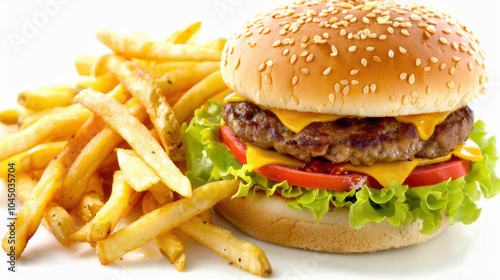 Delicious close up of hamburger with cheese, lettuce, and tomato, served alongside crispy French fries, creating mouthwatering meal experience