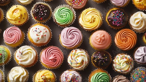 A dense surface of different flavored cupcakes with swirling frosting and decorative sprinkles, each cupcake unique, yet filling the whole frame.