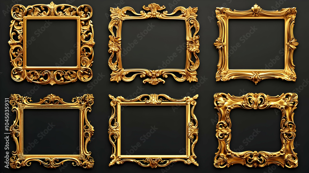 Six Golden Ornate Picture Frames on Black Background - Illustration