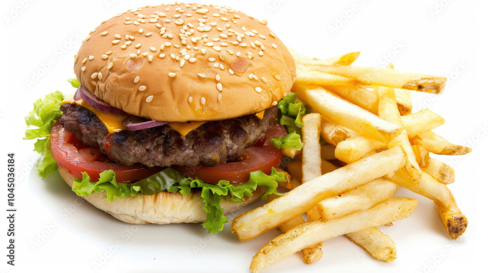 Delicious close up of hamburger with lettuce, tomato, and cheese, accompanied by crispy French fries, perfect for satisfying meal Delicious close up of hamburger with lettuce, tomato, and cheese, accompanied by crispy French fries, perfect for satisfying meal