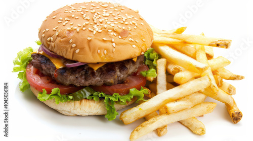 Delicious close up of hamburger with lettuce, tomato, and cheese, accompanied by crispy French fries, perfect for satisfying meal