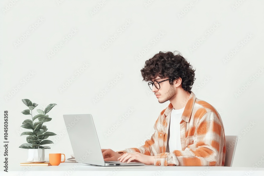 Focused young man working on laptop, serene atmosphere. Focused young man working on laptop, serene atmosphere.