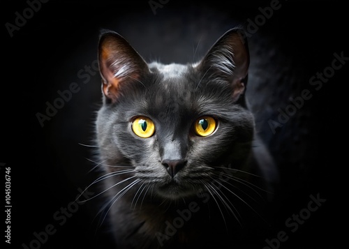 black cat yellow eyes peering from in a black background.