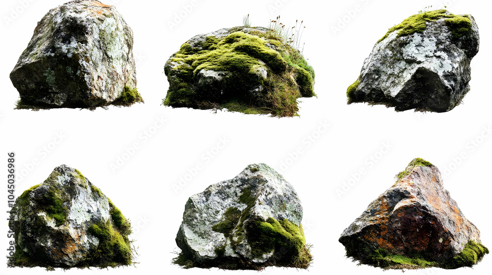 Six Moss Covered Rocks Isolated on White Background - Realistic Image Six Moss Covered Rocks Isolated on White Background - Realistic Image