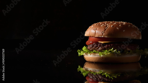 Close up of hamburger featuring sesame seed bun, fresh lettuce, tomato, and juicy beef patty, beautifully reflected against black background