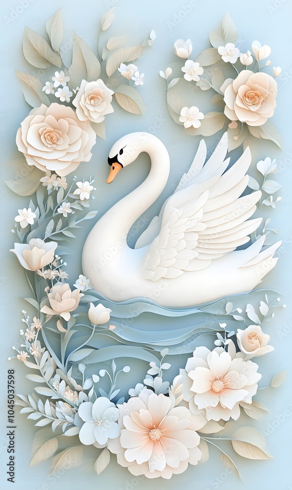 Obraz premium 3D_hand-carved_illustration swan,Mermaid,Deer,generation AI