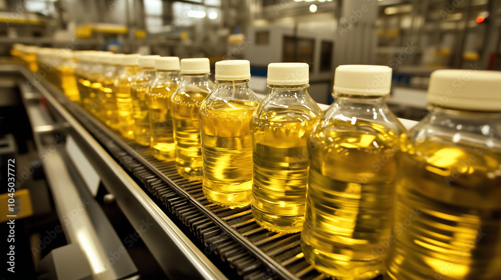 Plastic bottles filled with cooking oil move along a conveyor belt in a production facility, showcasing an automated bottling process.
Plastic bottles filled with cooking oil move along a conveyor belt in a production facility, showcasing an automated bottling process.