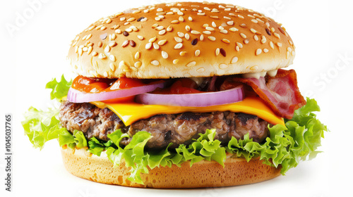 Delicious close up of hamburger featuring juicy beef patty, melted cheese, crispy bacon, fresh lettuce, and vibrant toppings, all nestled in sesame seed bun