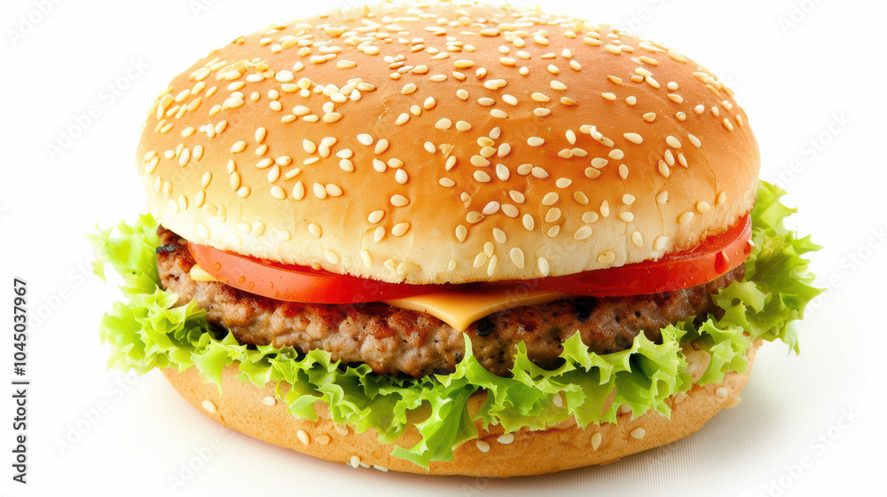 Delicious close up of hamburger featuring sesame seed bun, fresh lettuce, tomato slices, and melted cheese, perfect for satisfying meal Delicious close up of hamburger featuring sesame seed bun, fresh lettuce, tomato slices, and melted cheese, perfect for satisfying meal