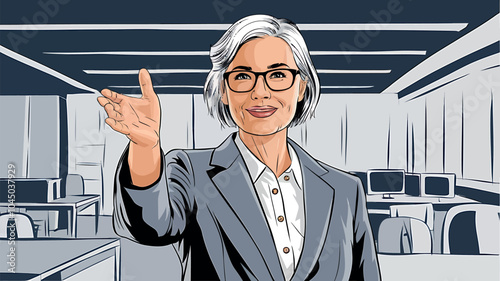 Confident Businesswoman Offering Handshake in Modern Office Illustration 