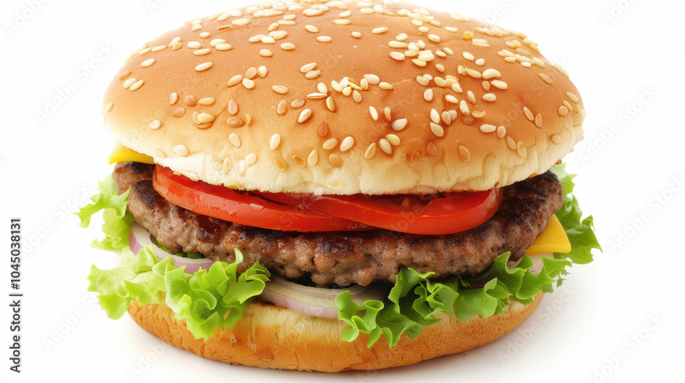 delicious close up of hamburger featuring sesame seed bun, fresh lettuce, tomato slices, and juicy beef patty, perfect for satisfying meal delicious close up of hamburger featuring sesame seed bun, fresh lettuce, tomato slices, and juicy beef patty, perfect for satisfying meal