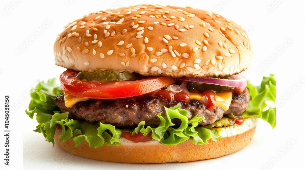 Delicious close up of hamburger featuring sesame seed bun, fresh lettuce, juicy beef patty, tomatoes, pickles, and cheese, perfect for satisfying meal Delicious close up of hamburger featuring sesame seed bun, fresh lettuce, juicy beef patty, tomatoes, pickles, and cheese, perfect for satisfying meal