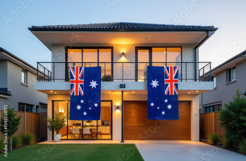 Modern house exterior with an Australian flag on it. Concept of Australia Day celebration
