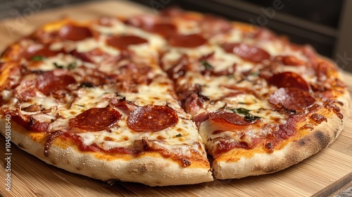 An inviting, hot and freshly baked pepperoni pizza with crispy crust and savory toppings, perfectly sliced and ready to indulge, showcasing culinary delight.