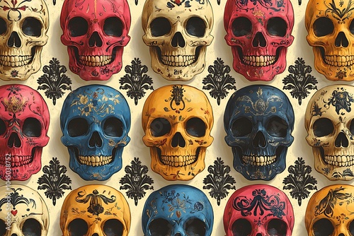 Group of colorful skulls on a white wall.